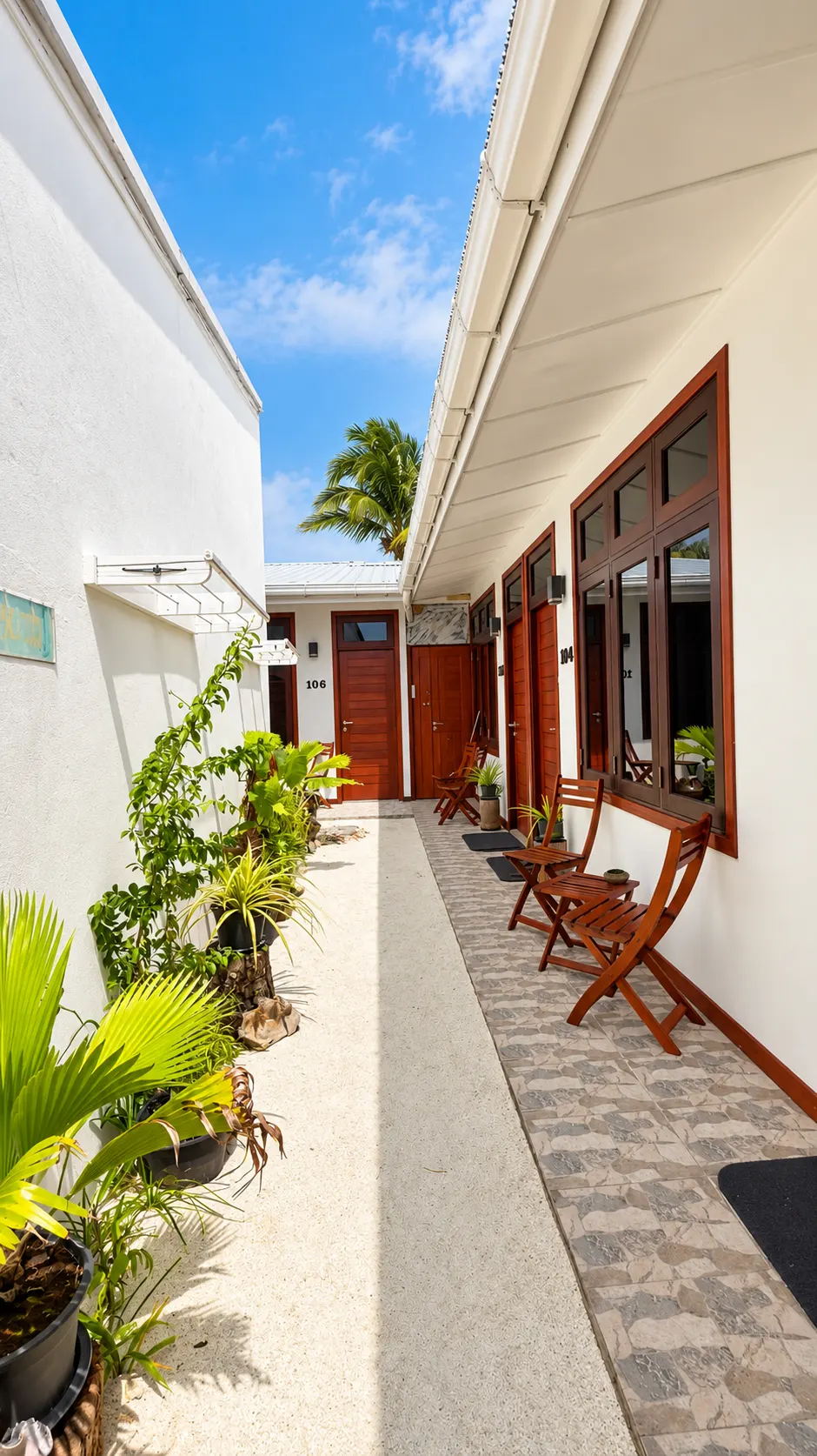 Bright walkway outside the rooms